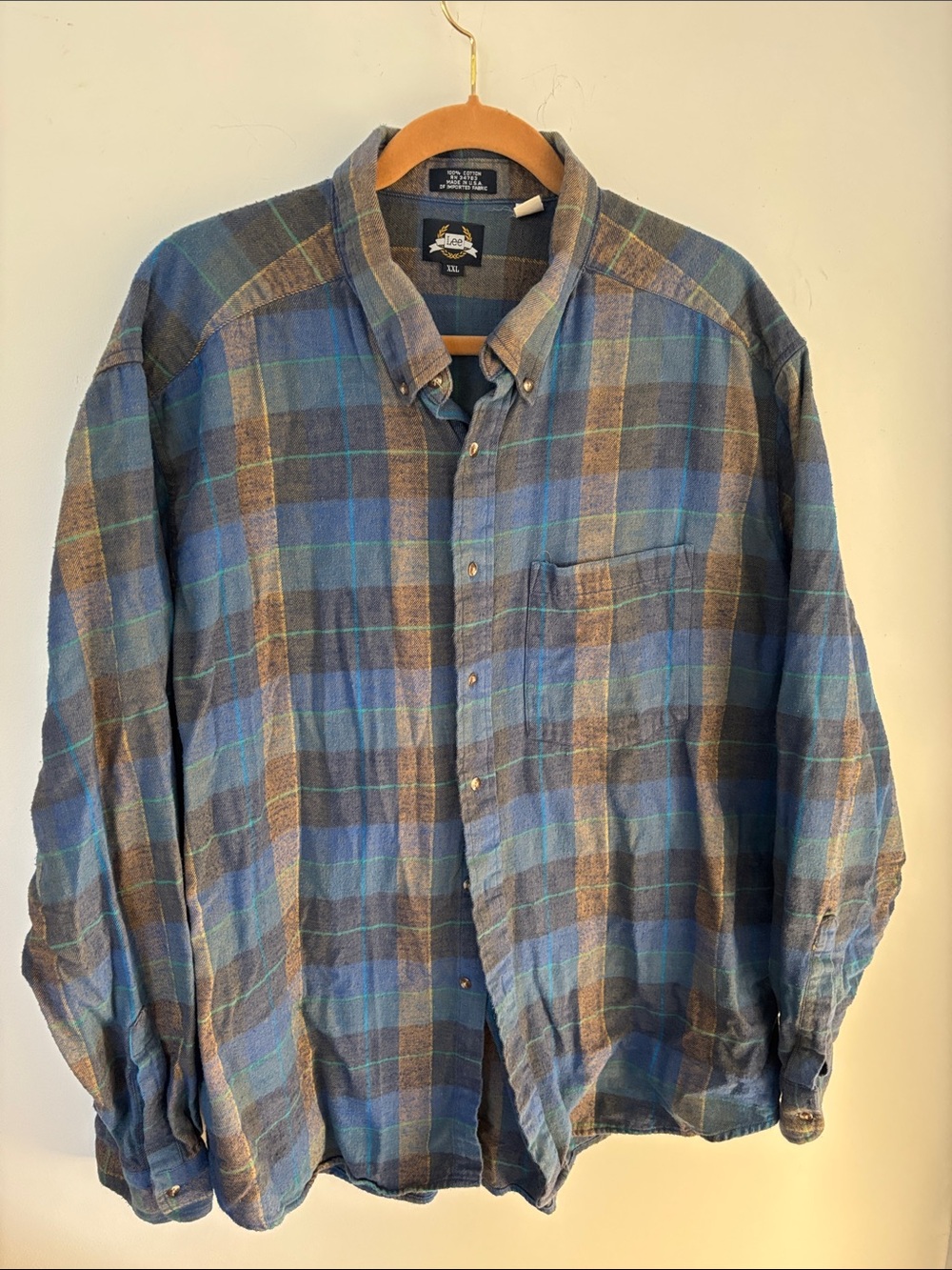 Vintage Lee flannel shirt, blue/gold/green plaid, pocket, made in USA, size XXL